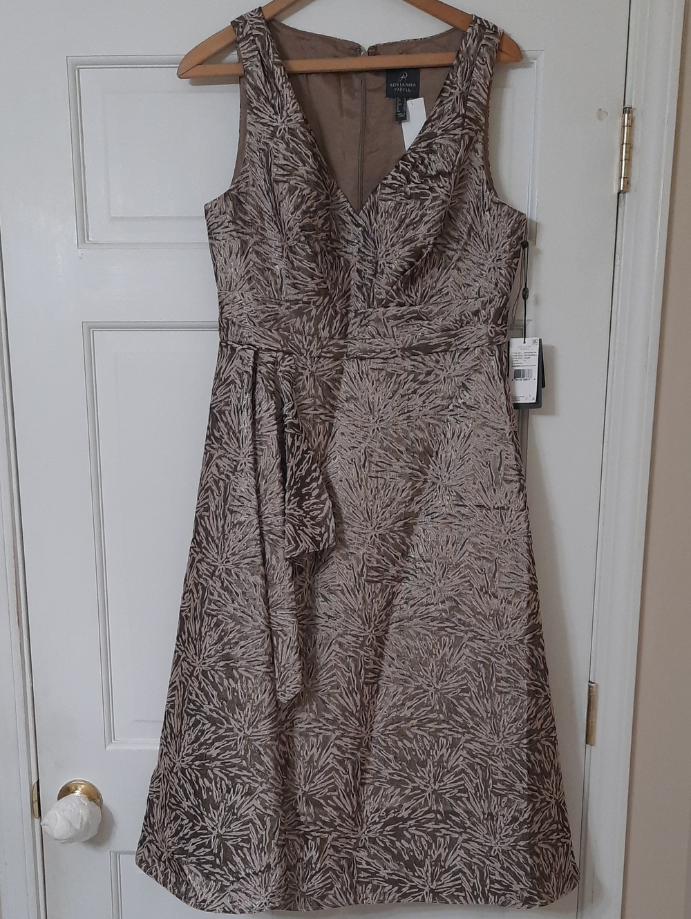 Adrianna Papell Taupe Floral-Textured V-Neck Midi Dress